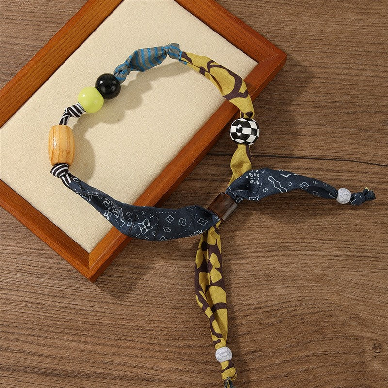 Mixed Print Beaded Scarf Necklace