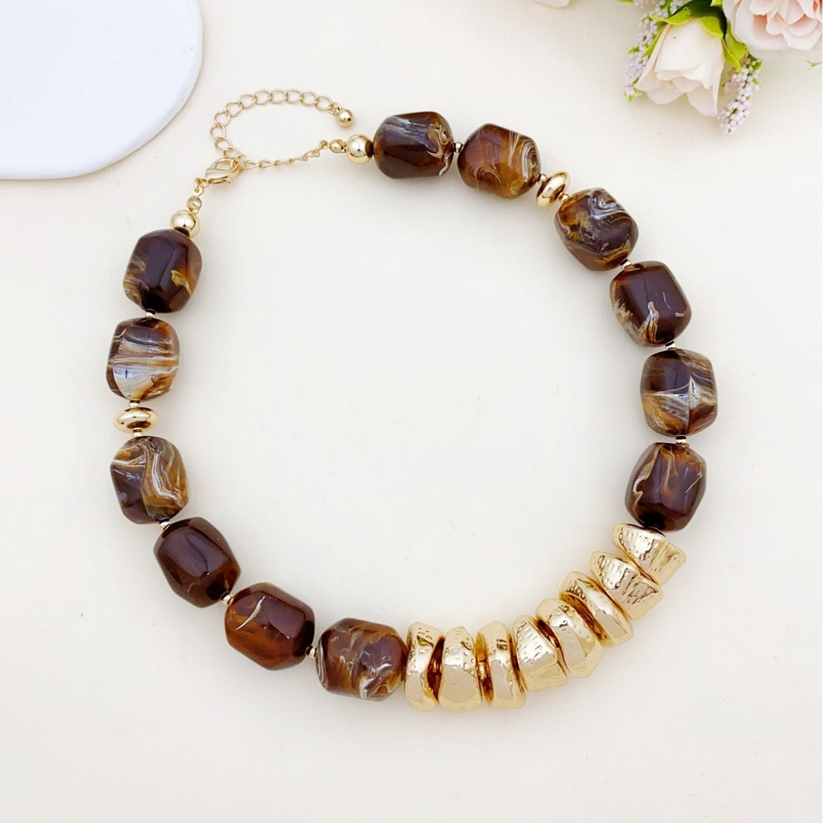 Marbled Bead & Gold Accent Necklace