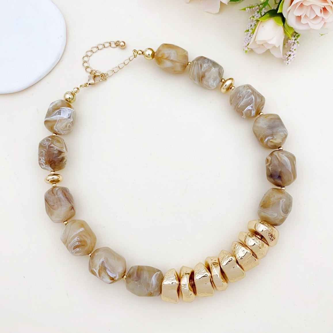 Marbled Bead & Gold Accent Necklace
