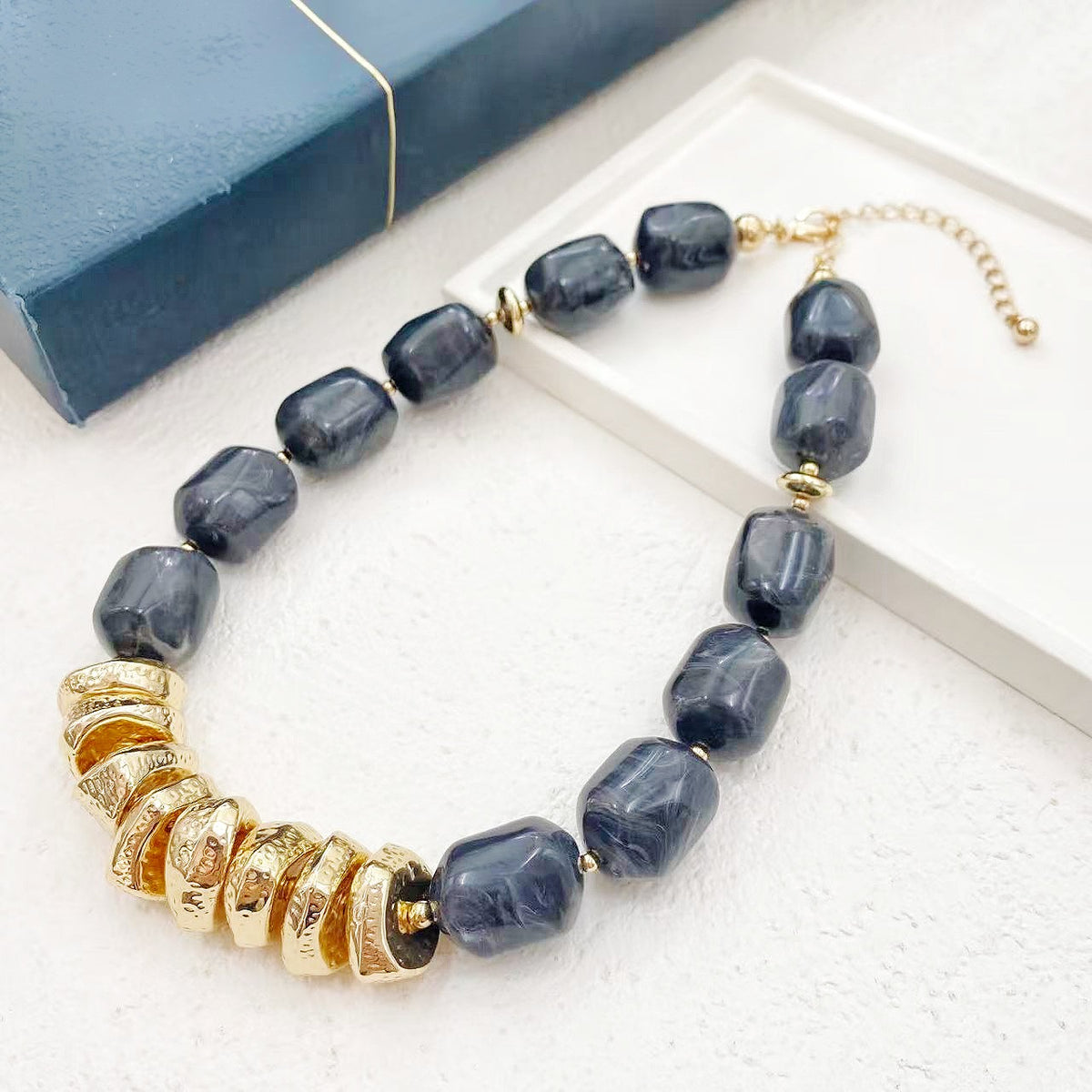 Marbled Bead & Gold Accent Necklace