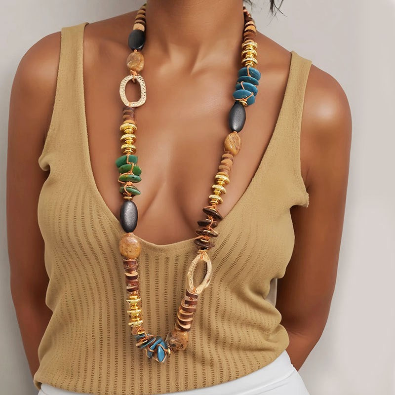 Mixed Stone & Wood Long Necklace