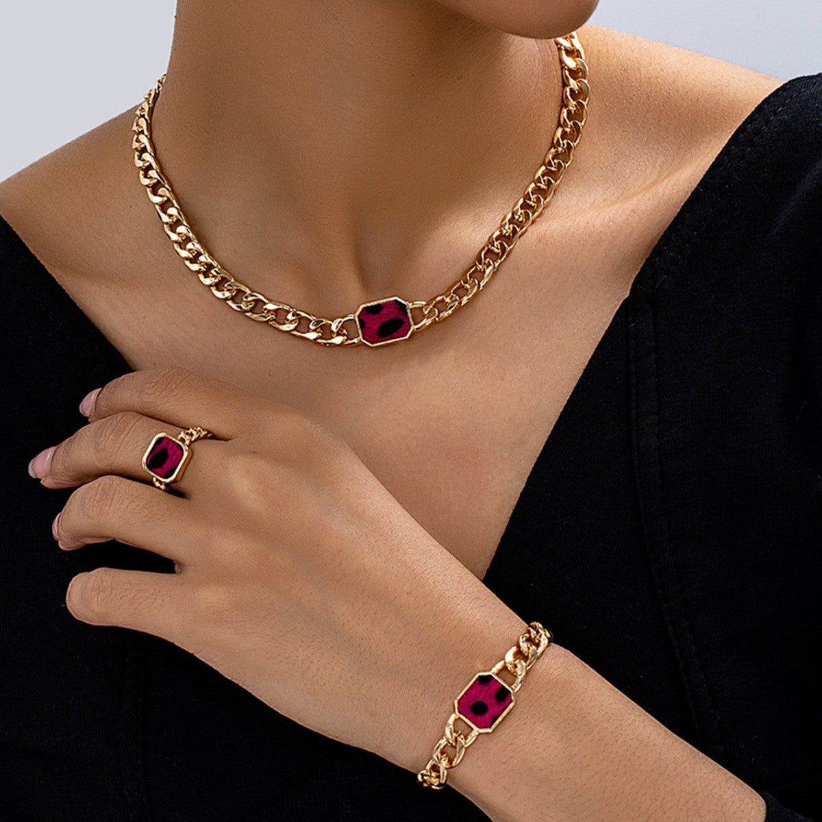 Magenta Octagon Link Jewelry Set