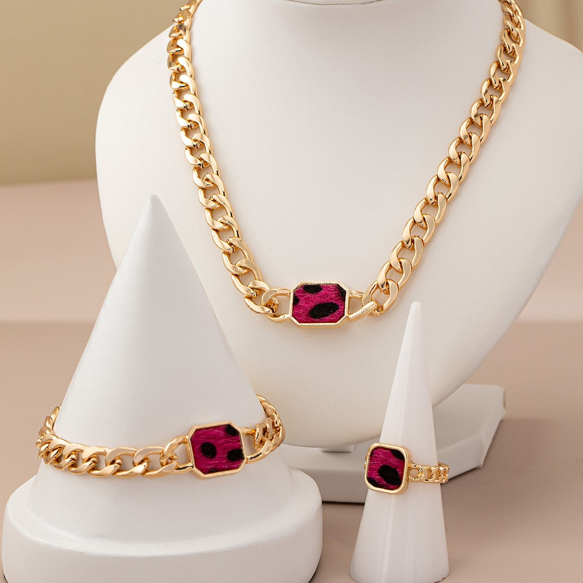 Magenta Octagon Link Jewelry Set