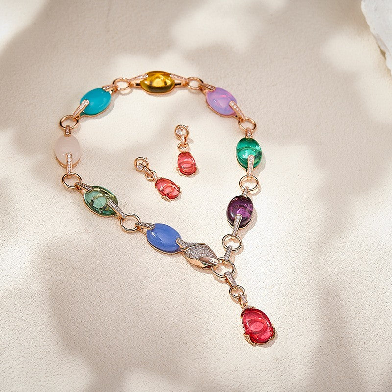 Multicolor Oval Gemstone Lariat Necklace & Earring Set
