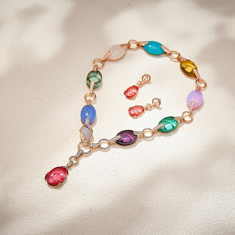 Multicolor Oval Gemstone Lariat Necklace & Earring Set