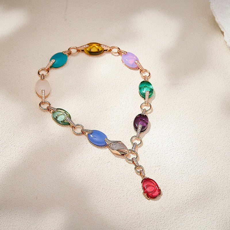 Multicolor Oval Gemstone Lariat Necklace & Earring Set