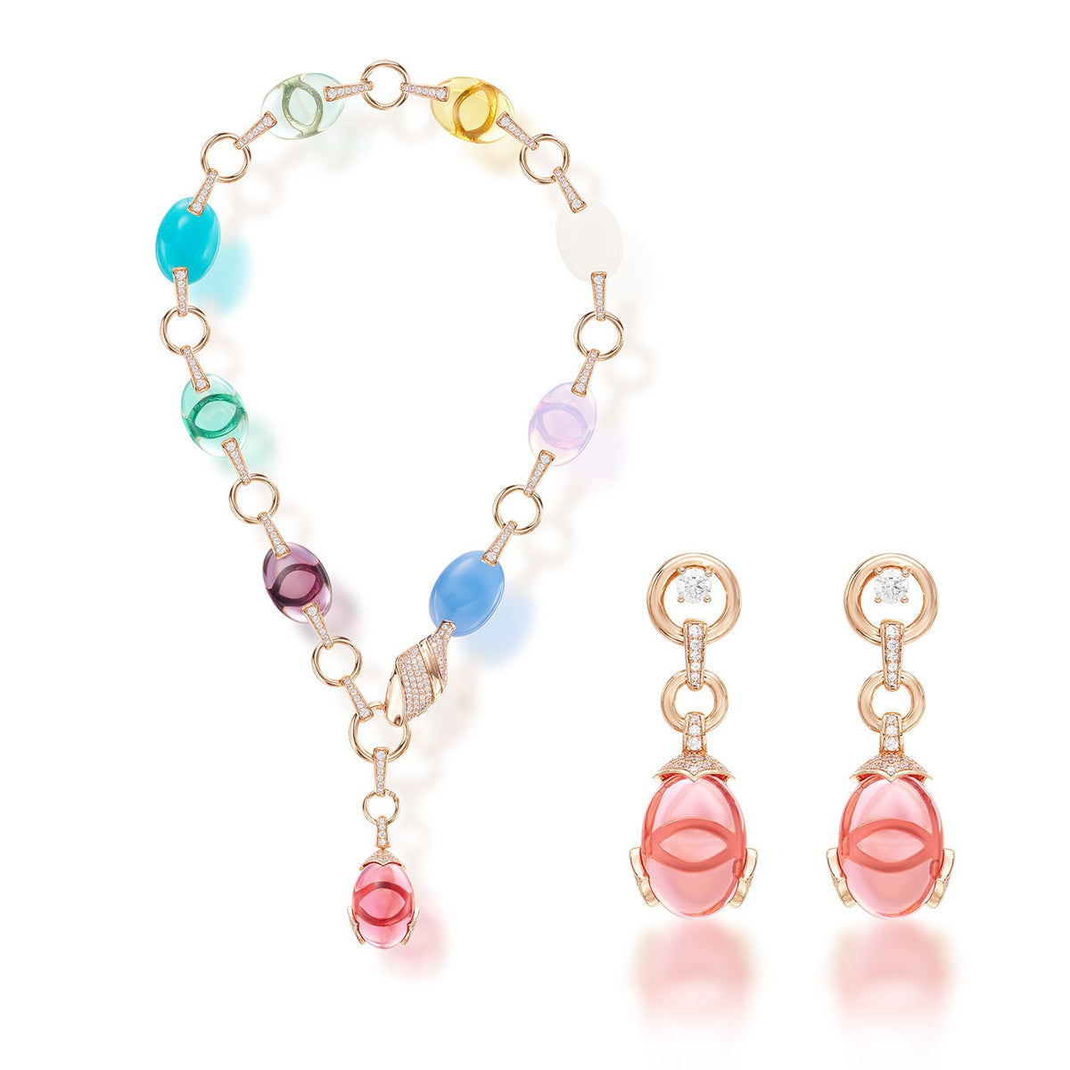 Multicolor Oval Gemstone Lariat Necklace & Earring Set