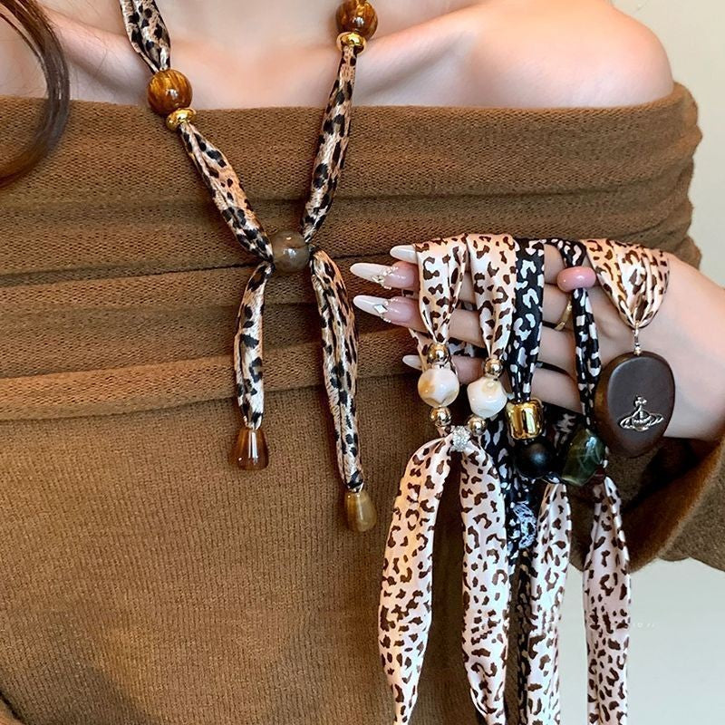 Leopard Print Bead Scarf Necklace