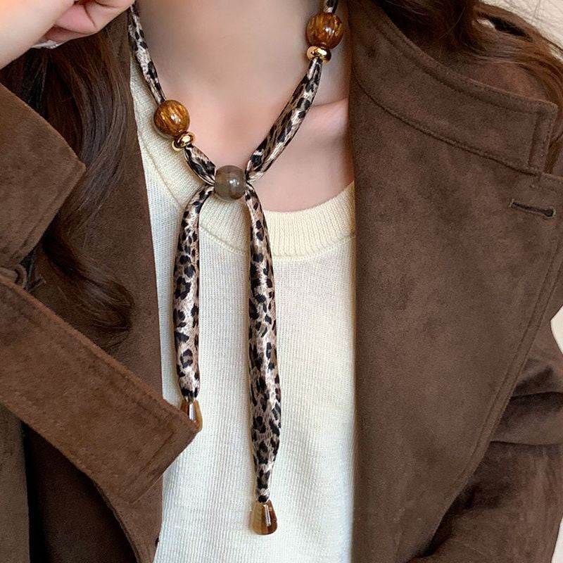 Leopard Print Bead Scarf Necklace