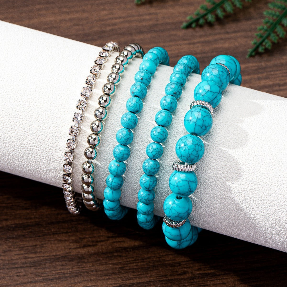Turquoise & Crystal Bead Stack Bracelet Set