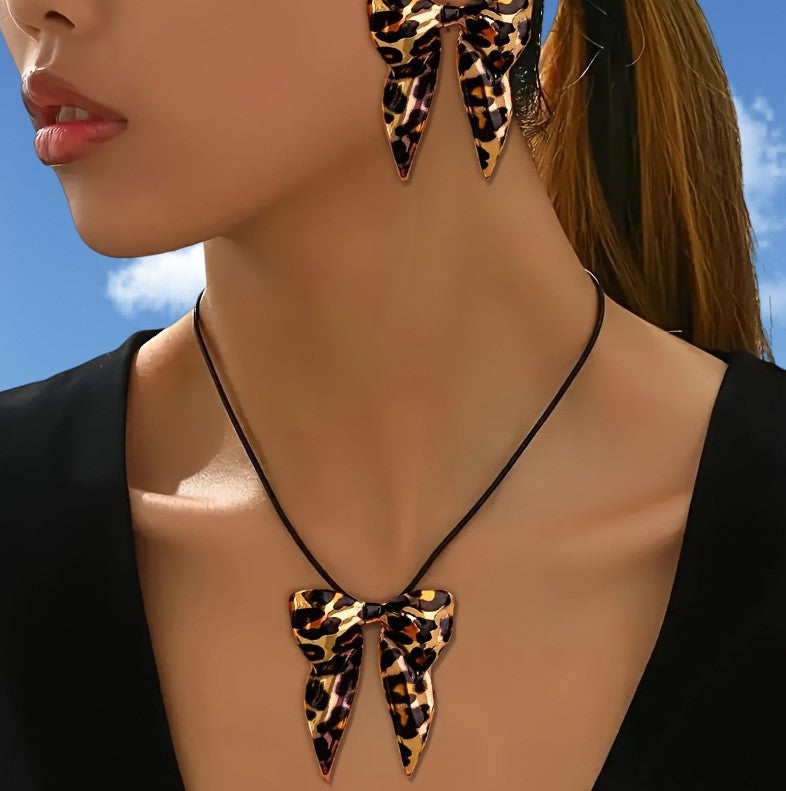 Leopard Print Bow Necklace & Earring Set