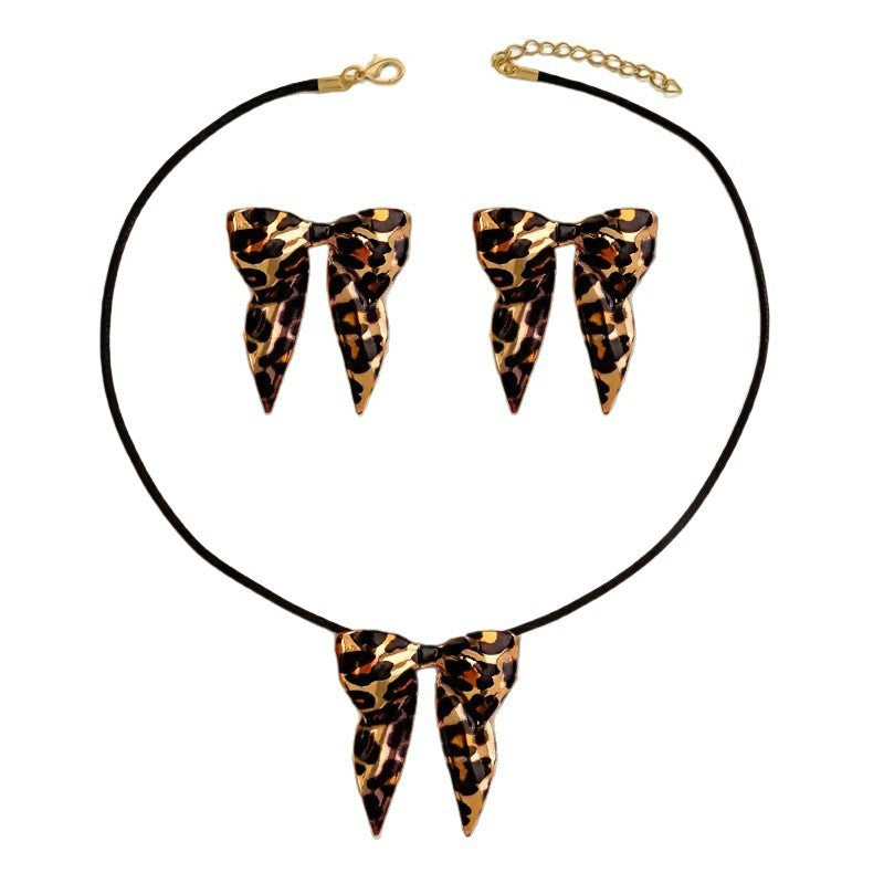 Leopard Print Bow Necklace & Earring Set