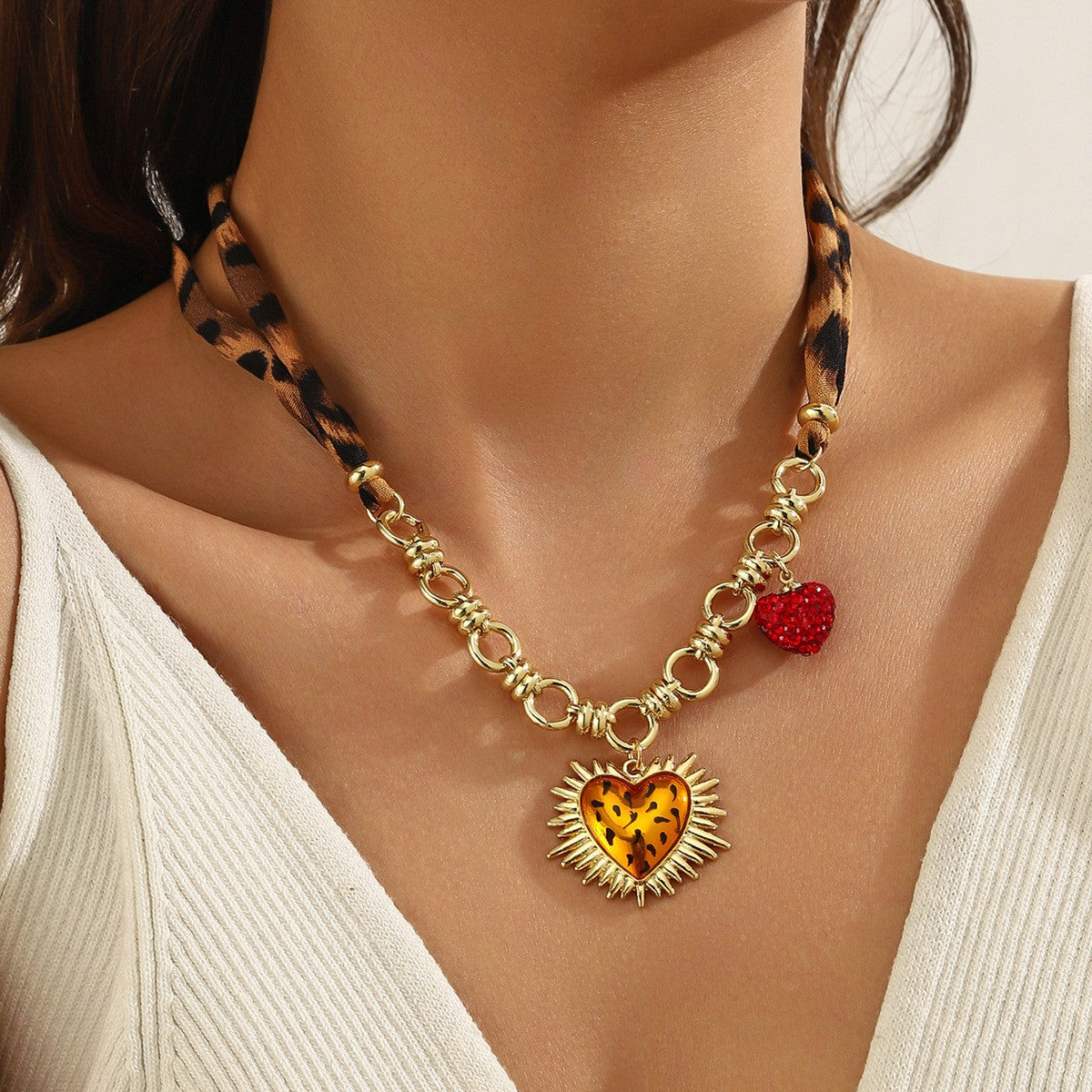 Leopard Print Scarf Heart Necklace