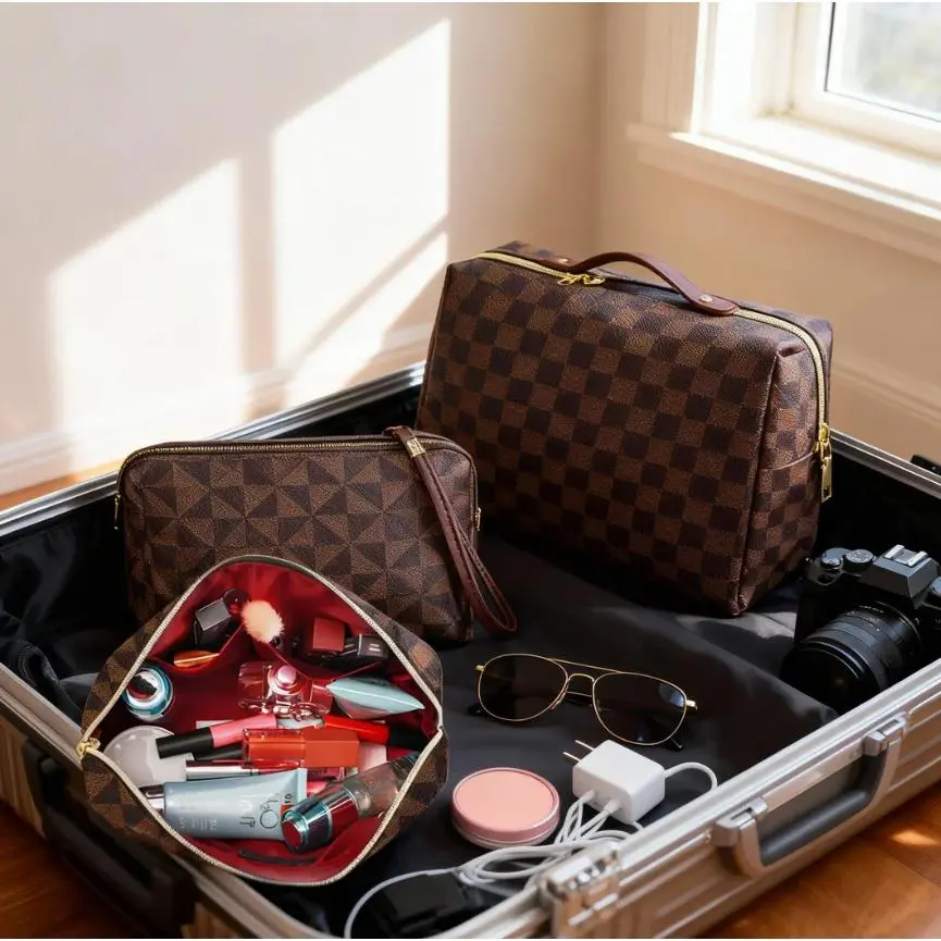 2pc Classic Leather Makeup Bag Set