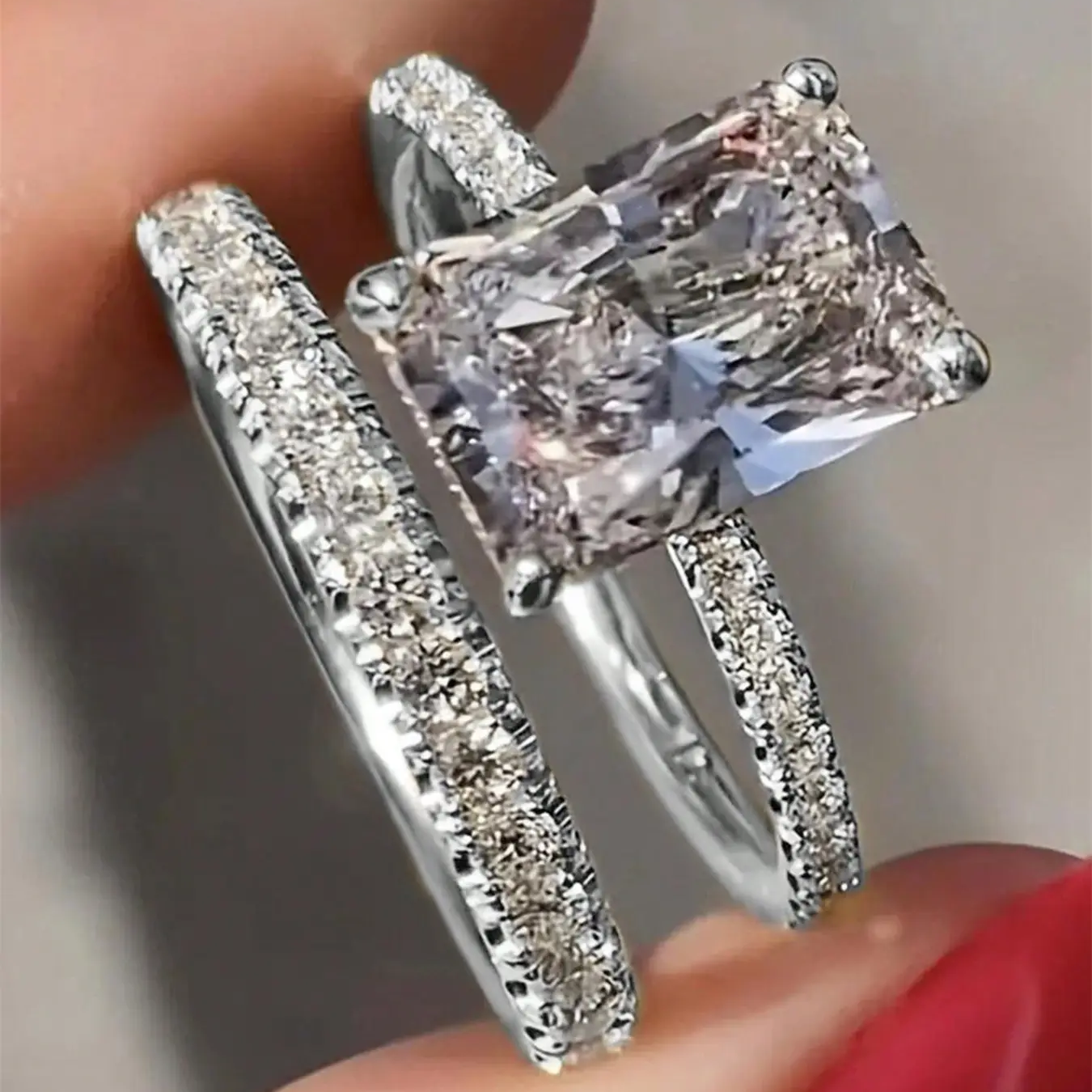 2pc Squared Rhinestone Ring Set