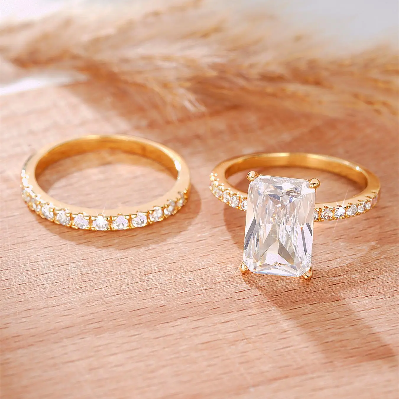 2pc Squared Rhinestone Ring Set