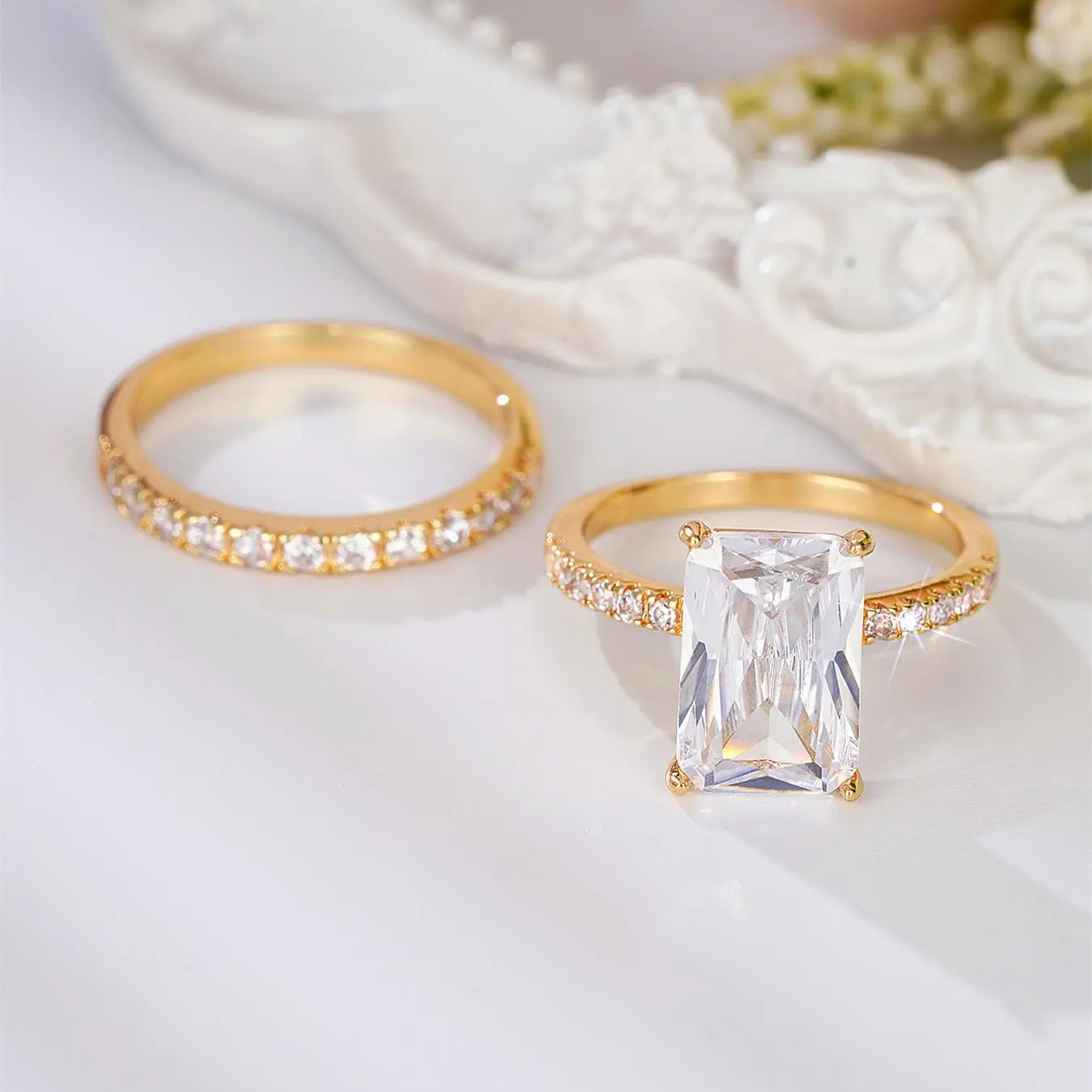 2pc Squared Rhinestone Ring Set