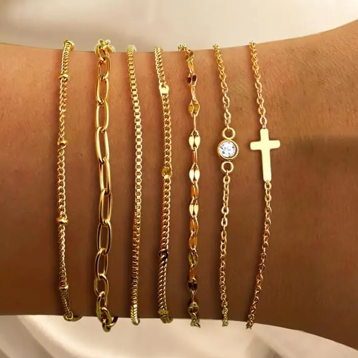 14k 7pc Cross Bracelet Stack