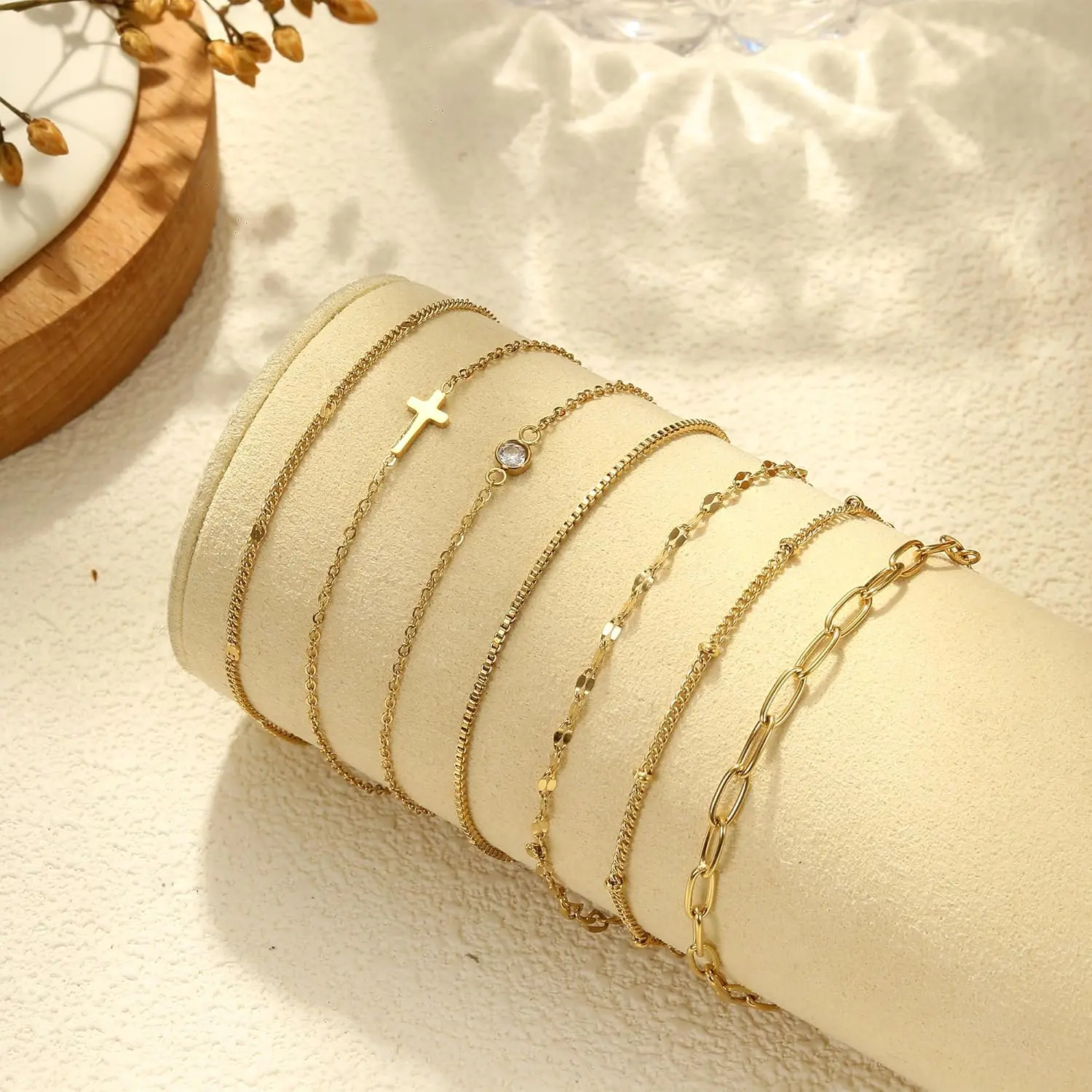14k 7pc Cross Bracelet Stack