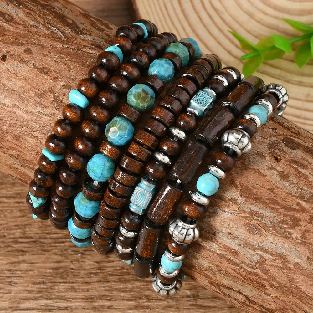 7pc Wooden Boho Bracelet Set