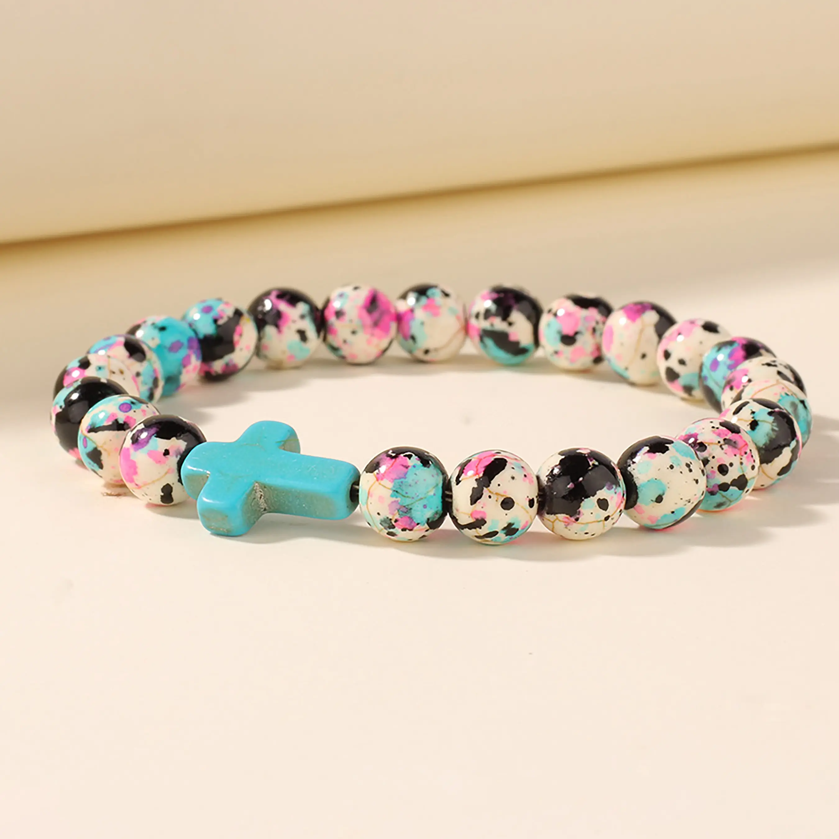 Natural Stone Cross Beaded Bracelet