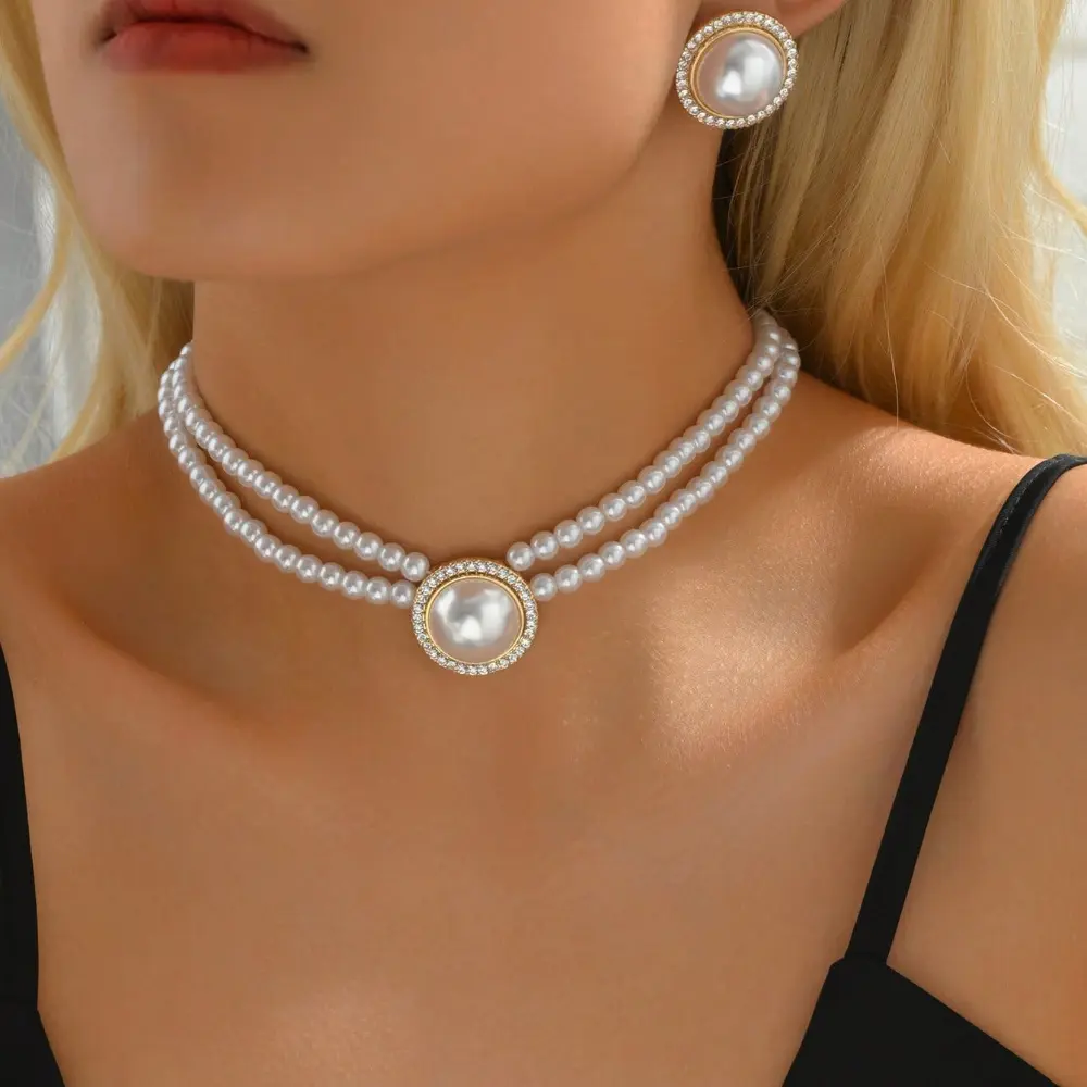 Round Pearl Necklace and Earrings Set