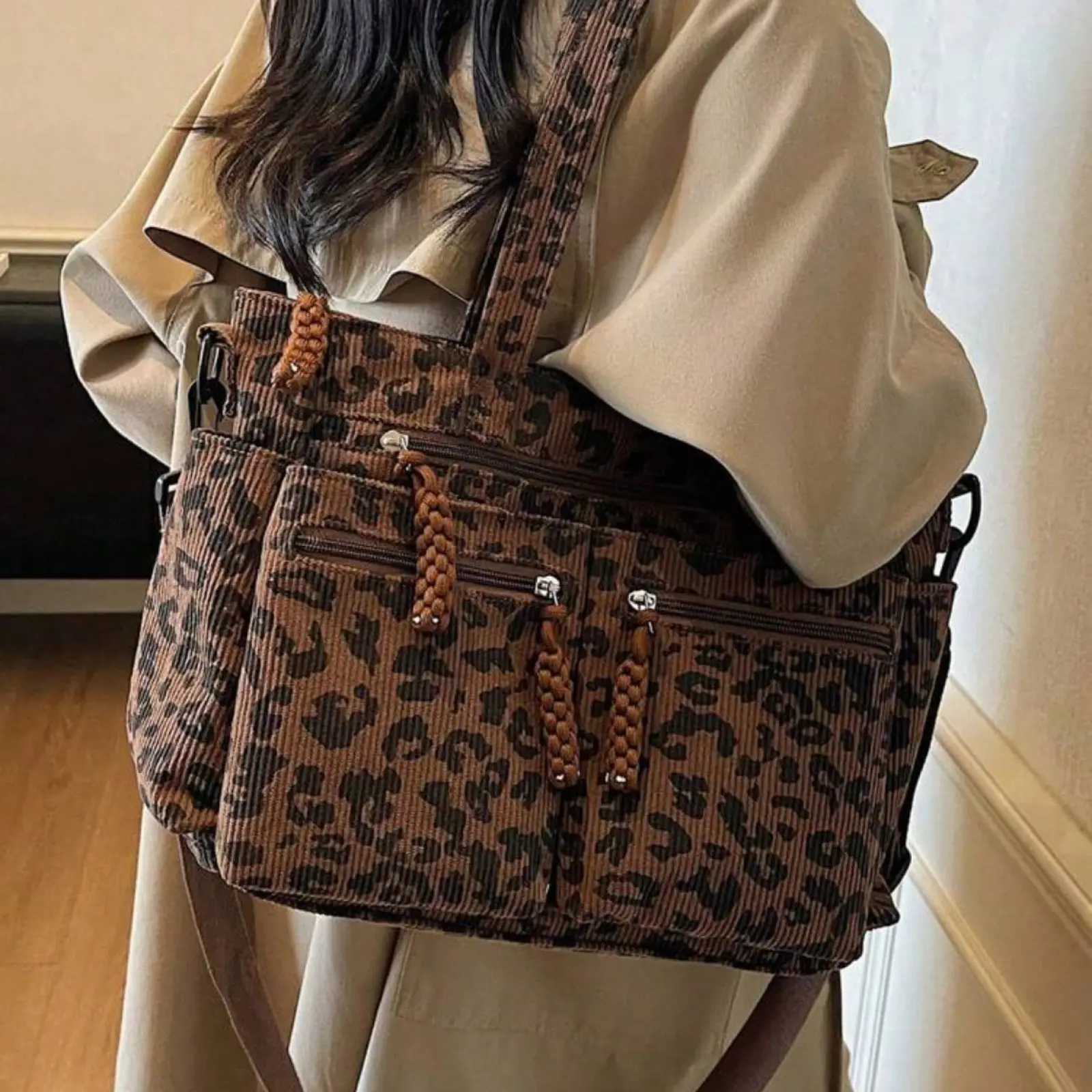 Leopard Print Corduroy Tote Bag