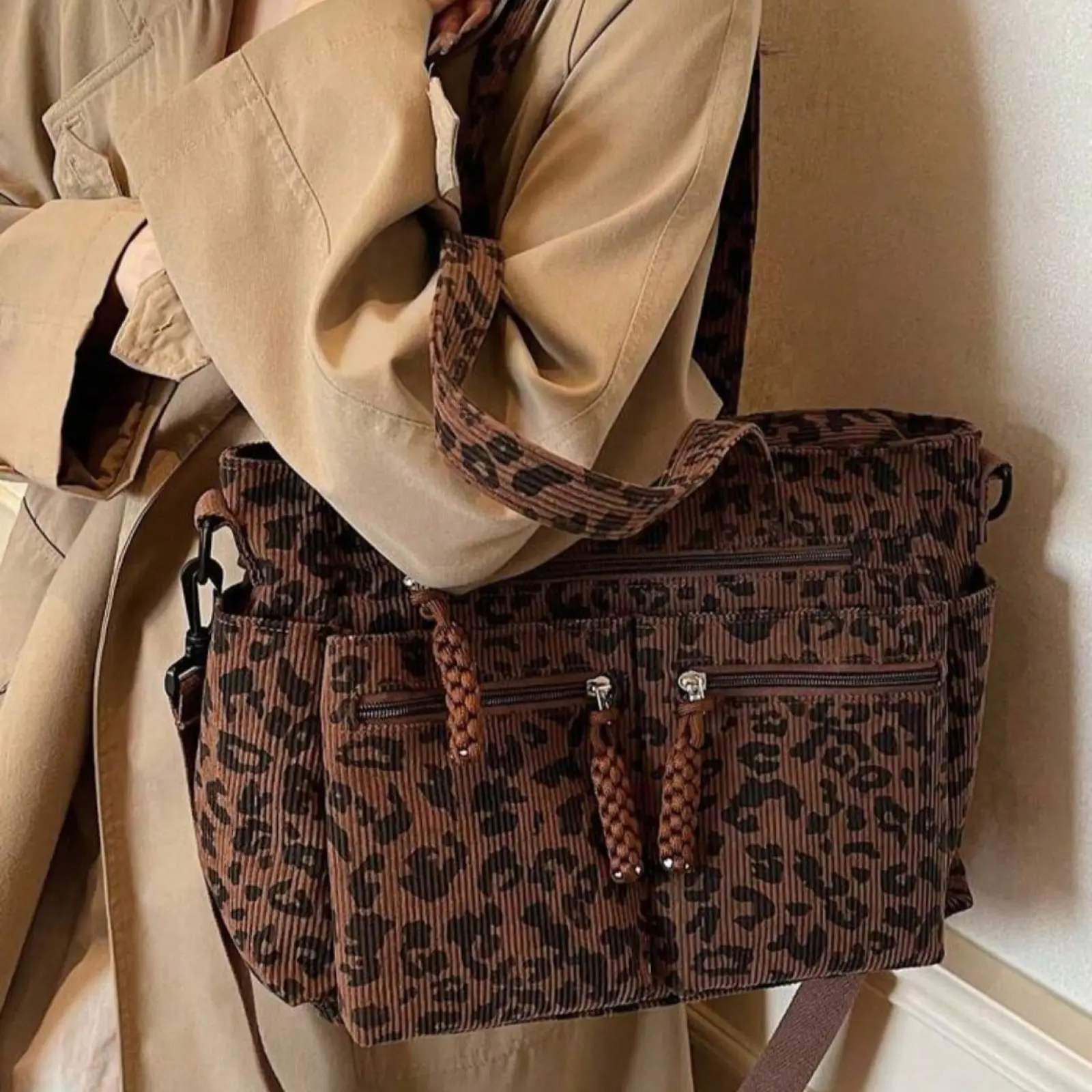 Leopard Print Corduroy Tote Bag