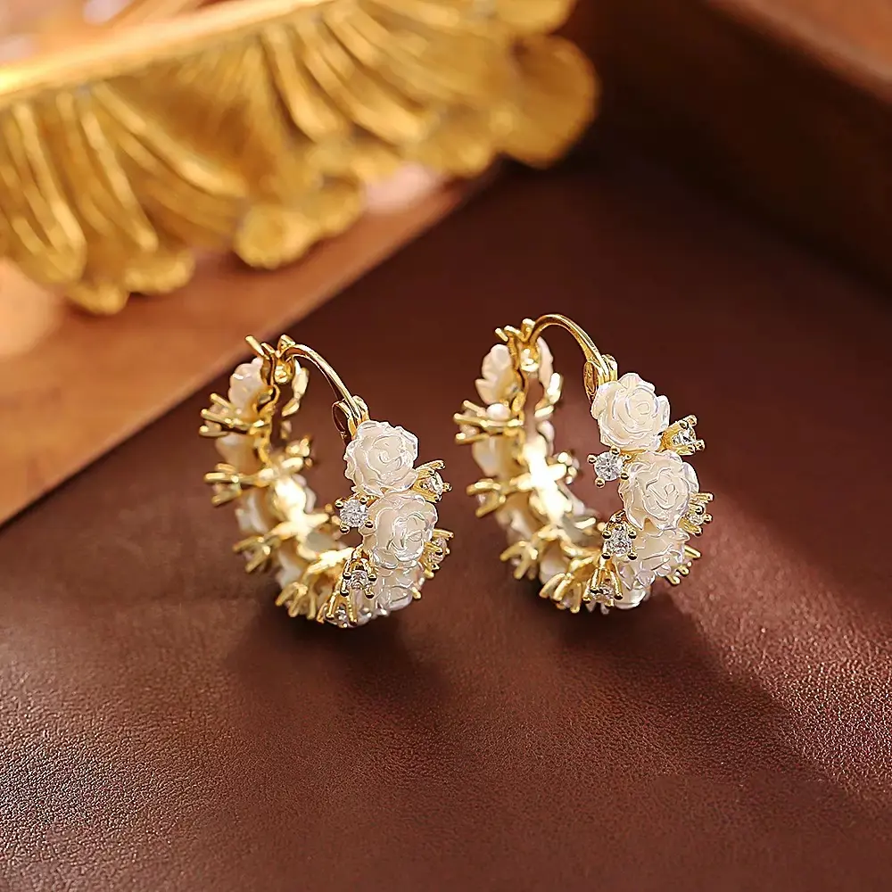 White Floral Hoop Earrings