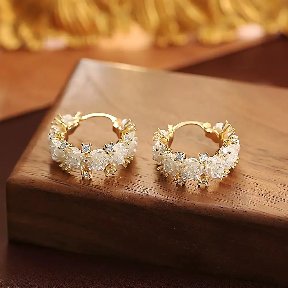 White Floral Hoop Earrings