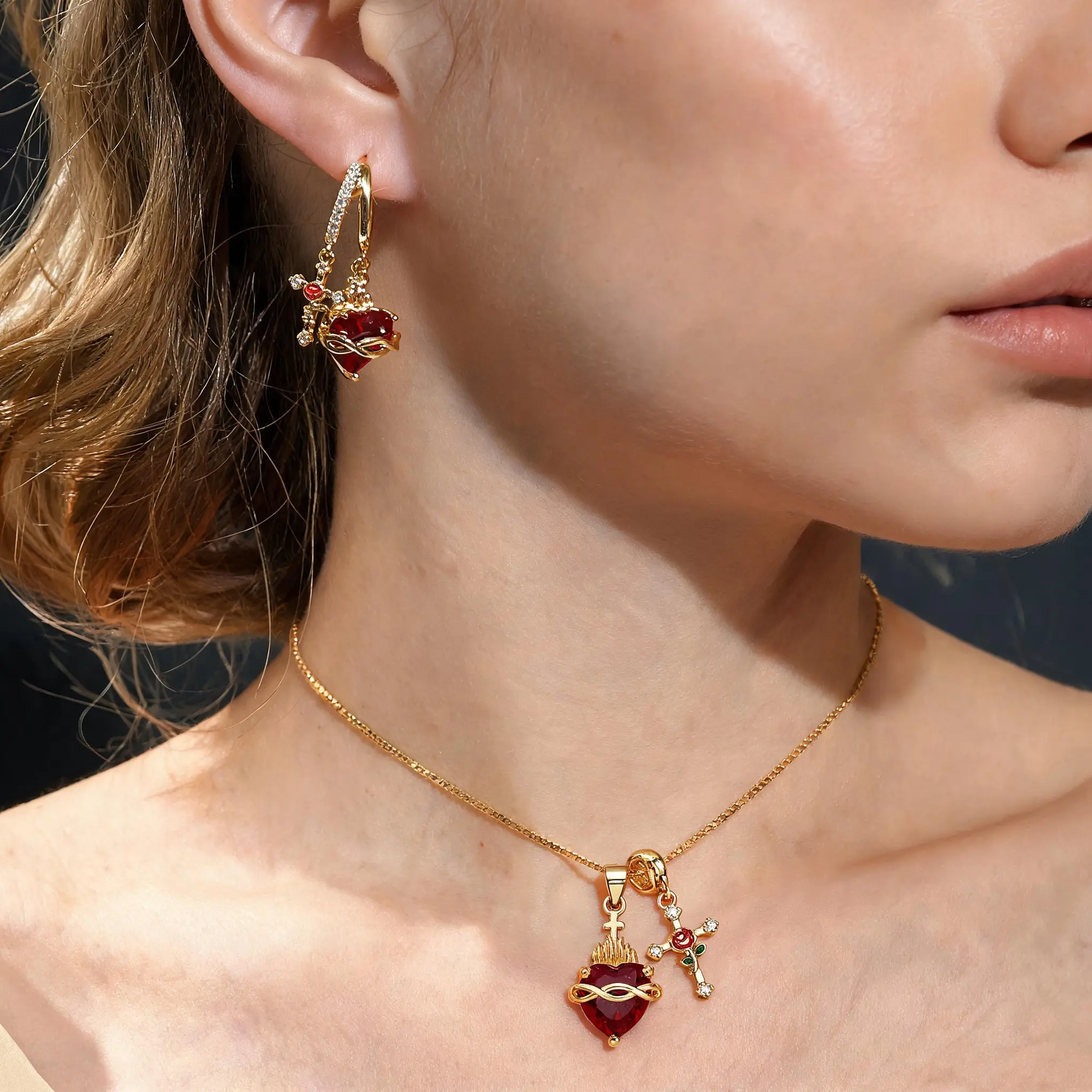 2pc Sacred Heart Necklace Earrings Set