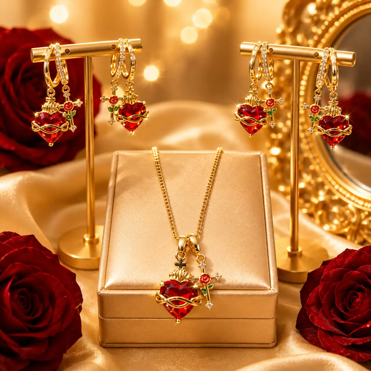 2pc Sacred Heart Necklace Earrings Set