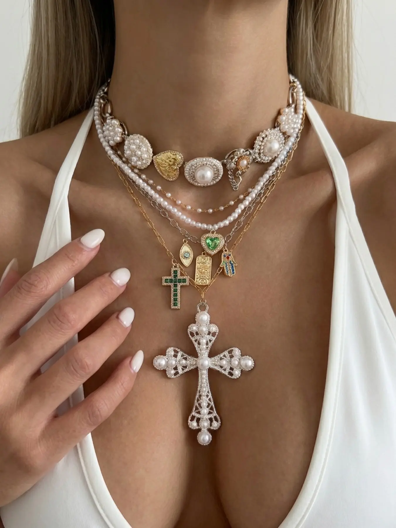 5pc Punk Pearl Necklace Set