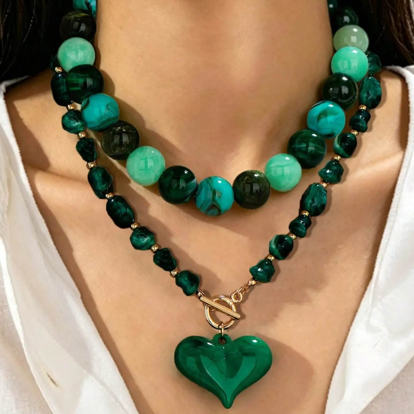 2pc Marble Beaded Heart Necklace
