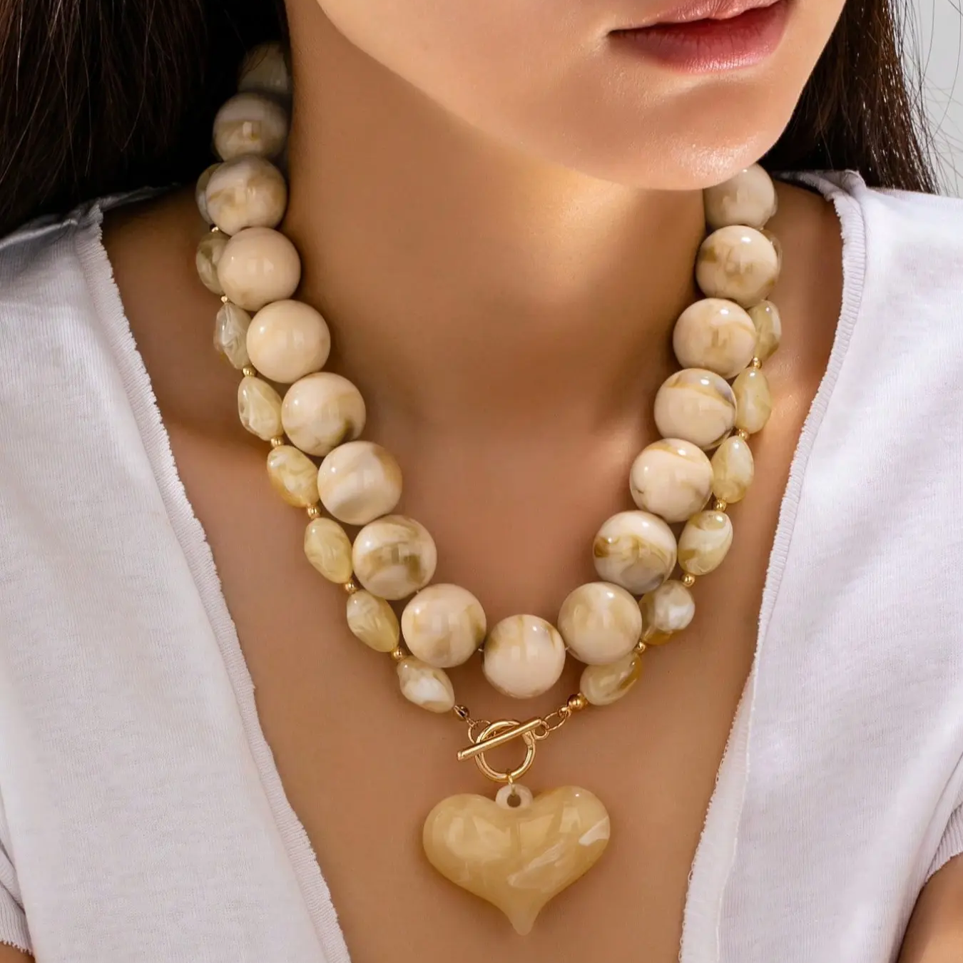 2pc Marble Beaded Heart Necklace