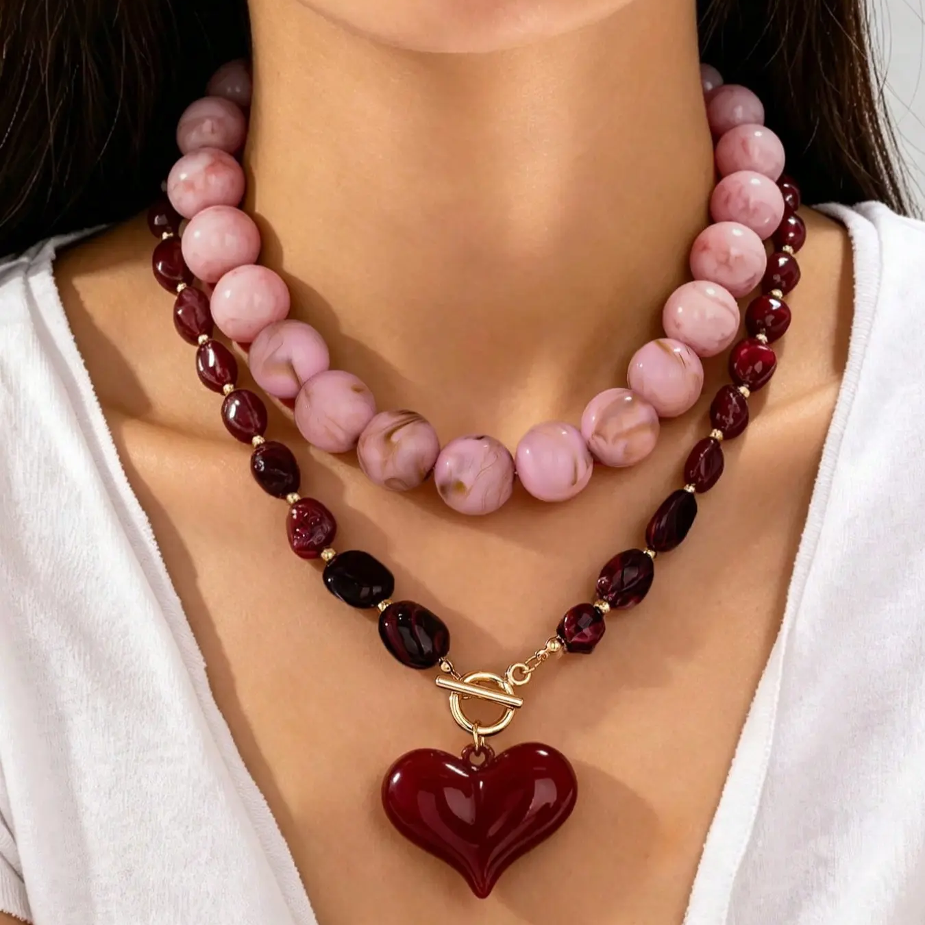 2pc Marble Beaded Heart Necklace