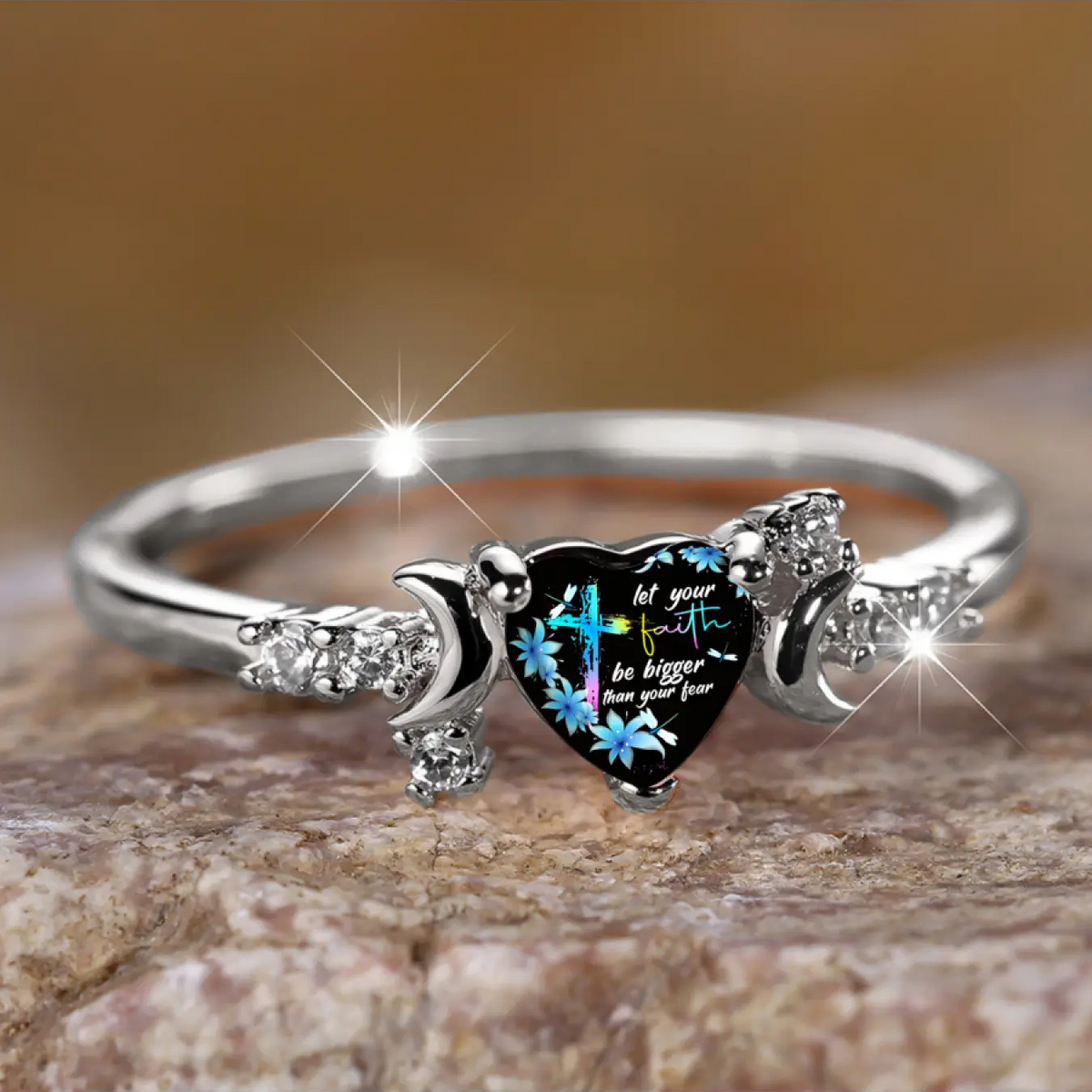 Cross Flower Crescent Moon Statement Ring