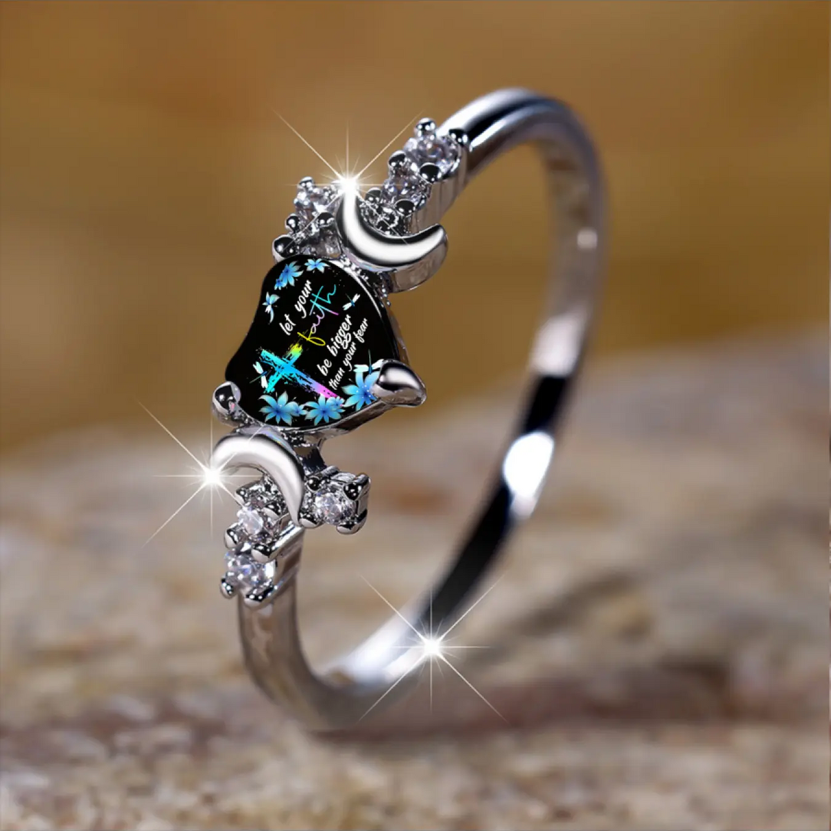 Cross Flower Crescent Moon Statement Ring