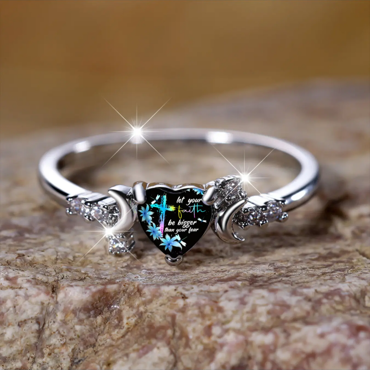 Cross Flower Crescent Moon Statement Ring