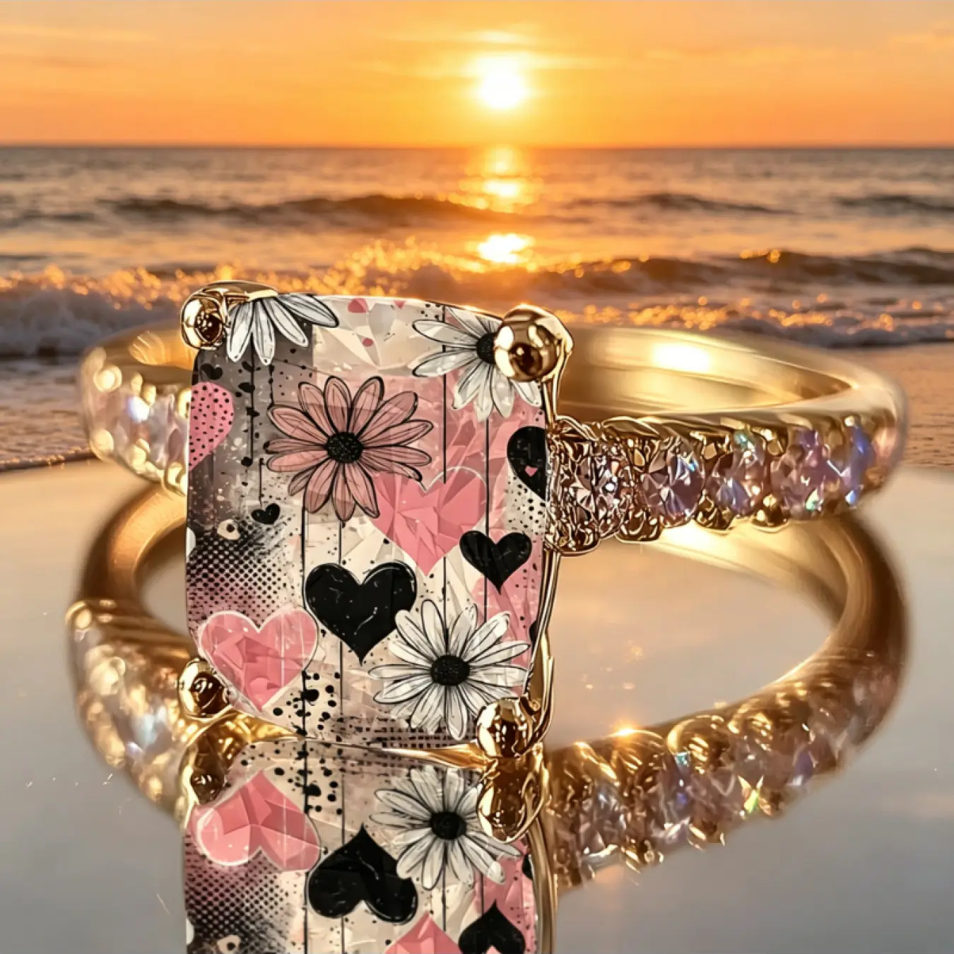Pink and Black Heart Daisy Square Ring