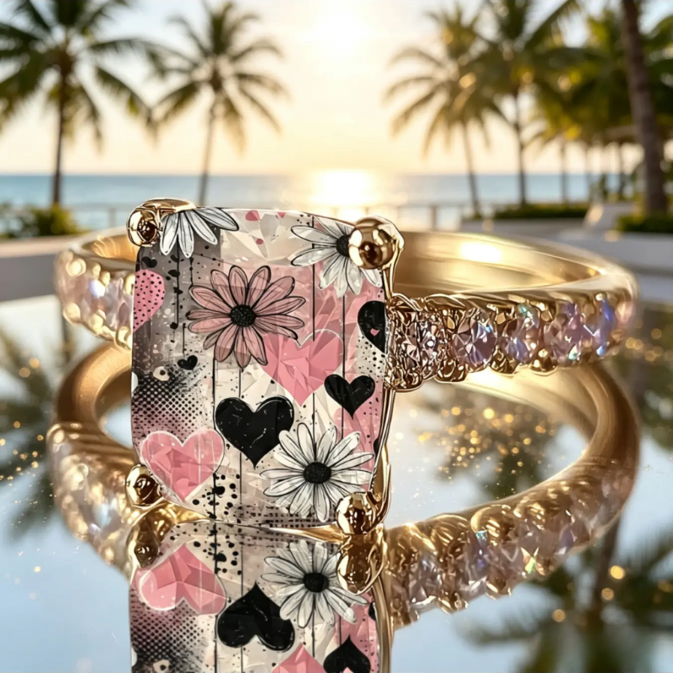 Pink and Black Heart Daisy Square Ring