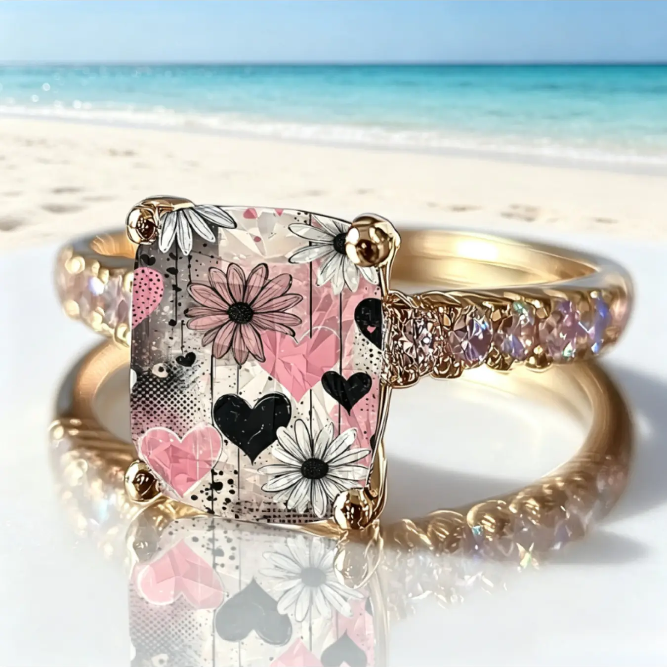 Pink and Black Heart Daisy Square Ring