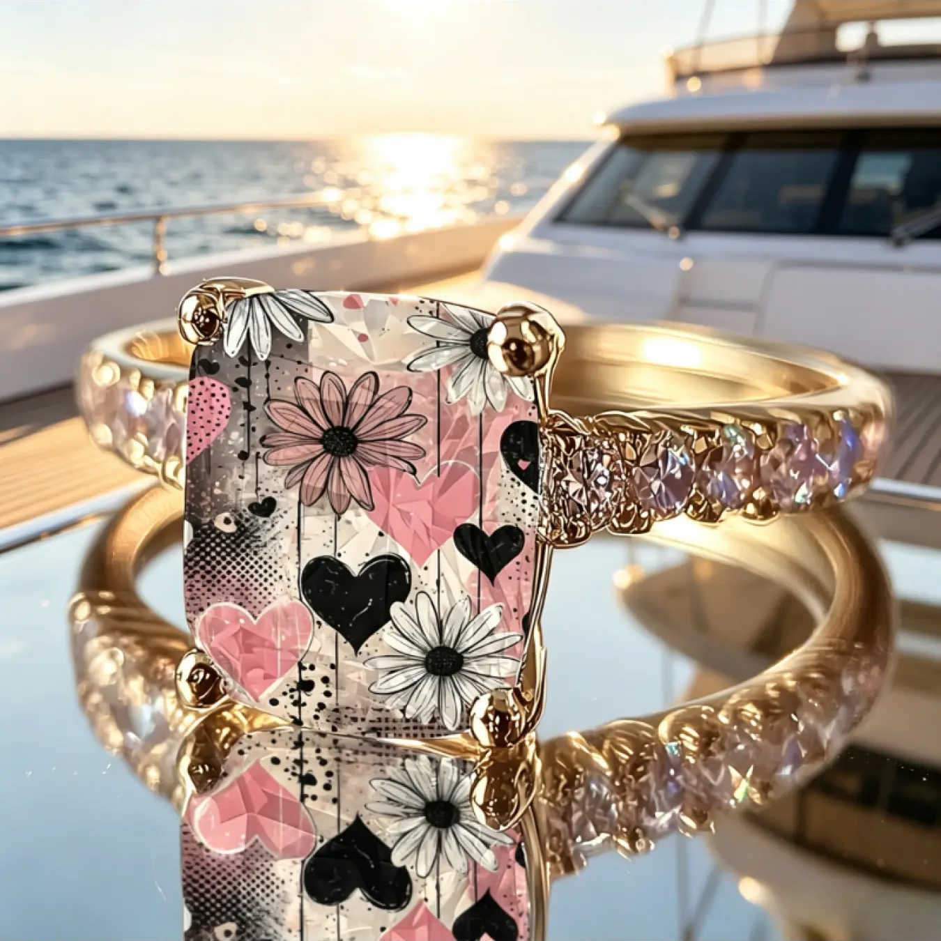 Pink and Black Heart Daisy Square Ring