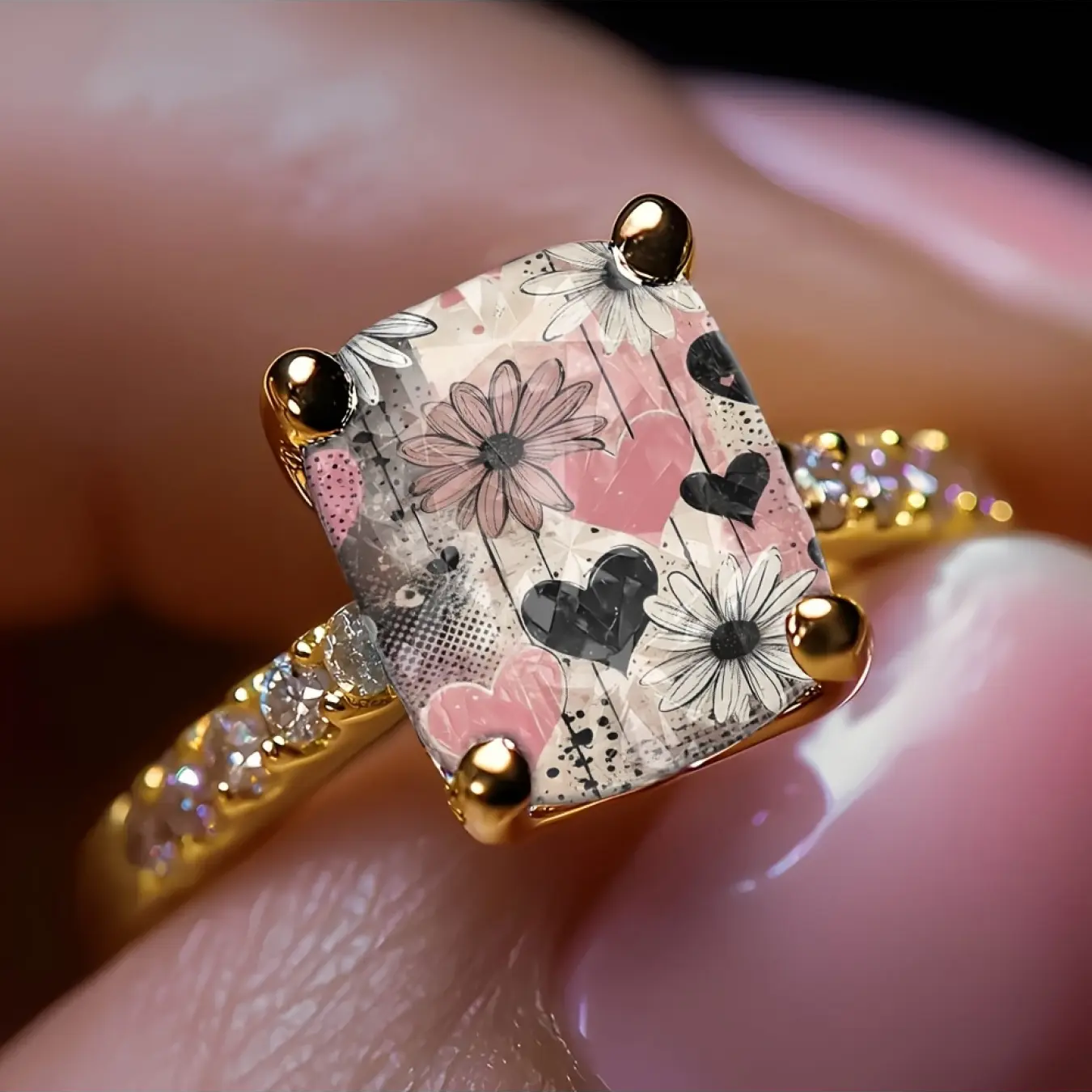 Pink and Black Heart Daisy Square Ring