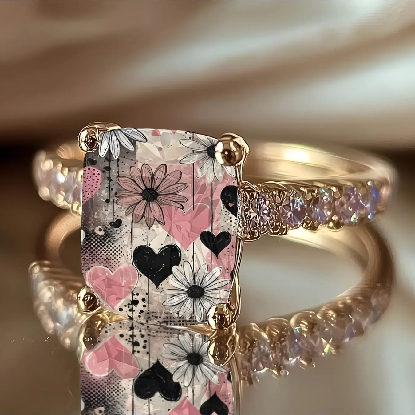 Pink and Black Heart Daisy Square Ring