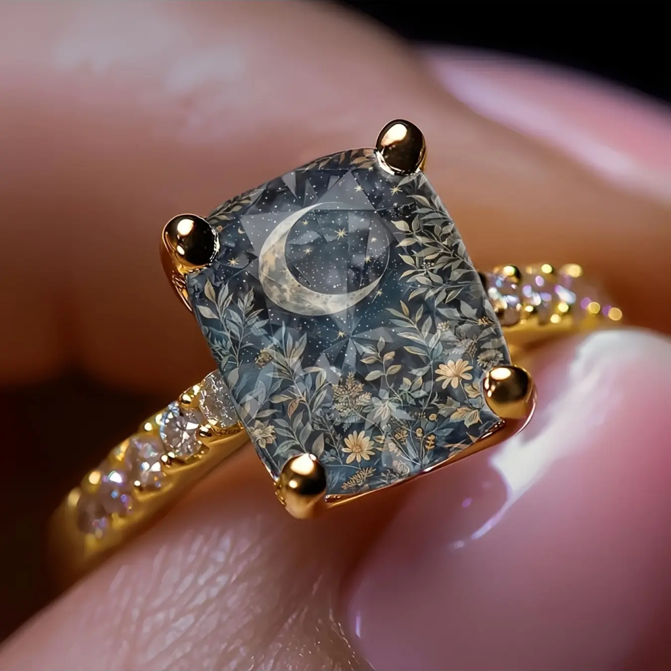 Night Sky Flower Leaf Square Ring