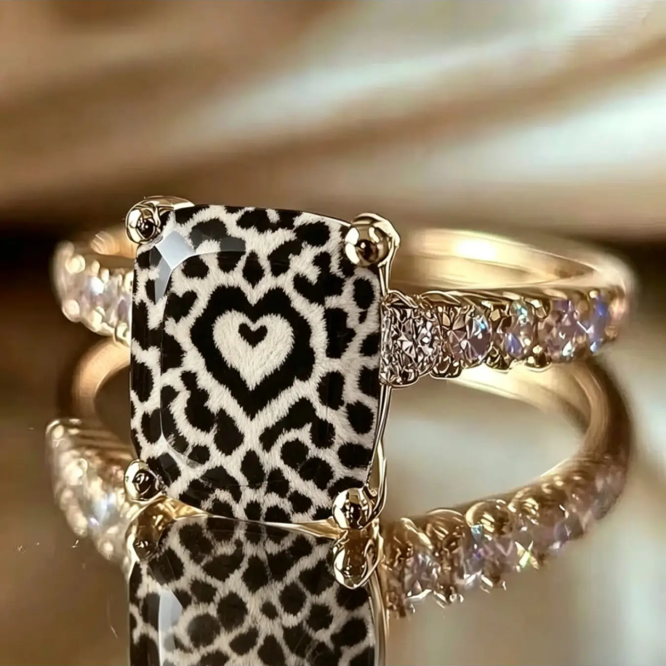 Black and White Heart Leopard Square Ring