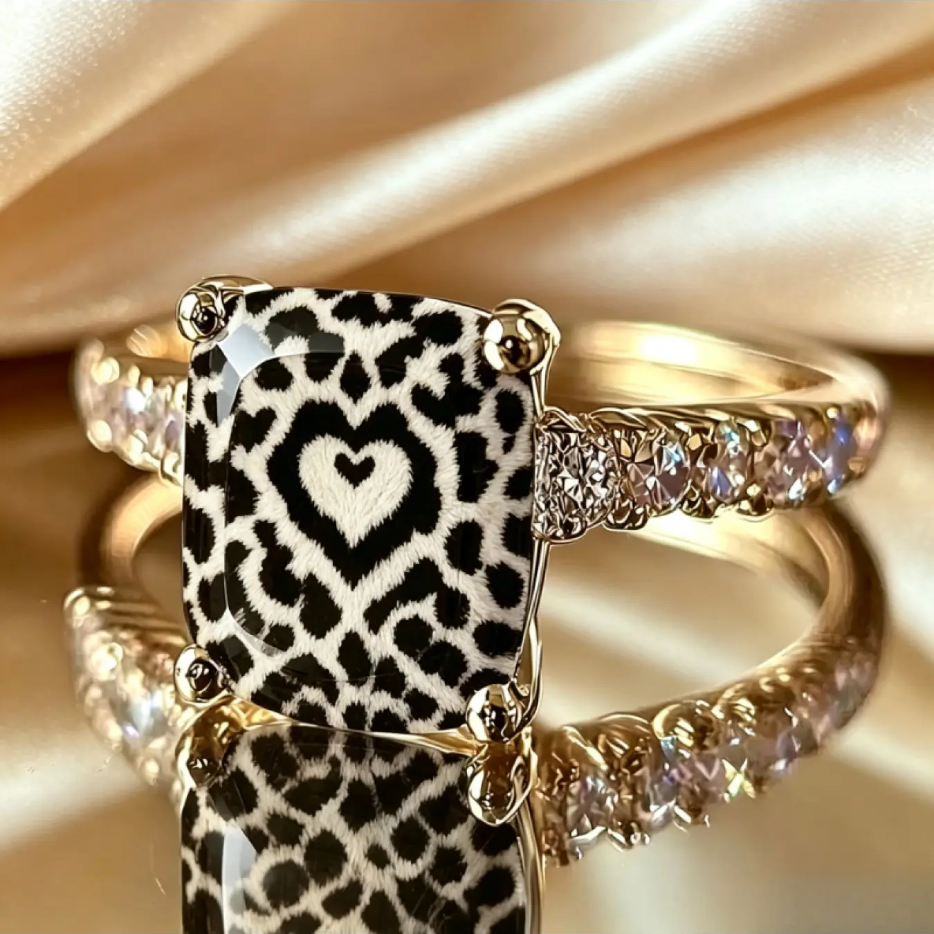 Black and White Heart Leopard Square Ring