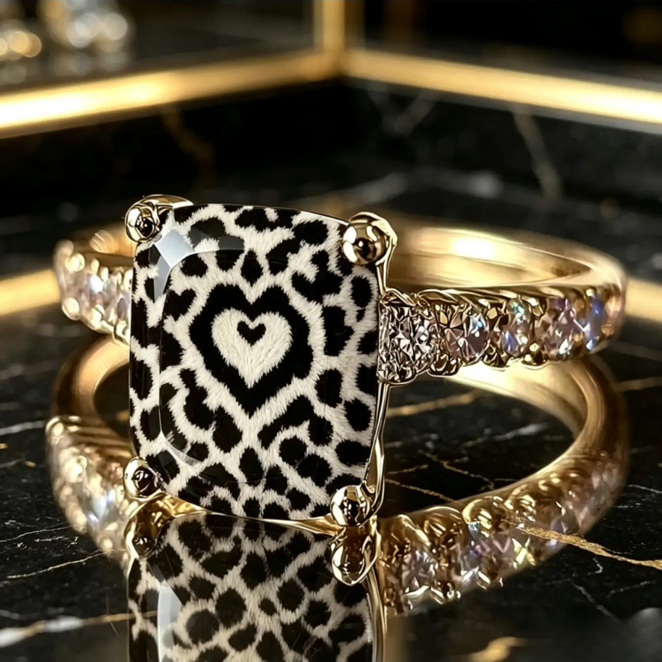 Black and White Heart Leopard Square Ring