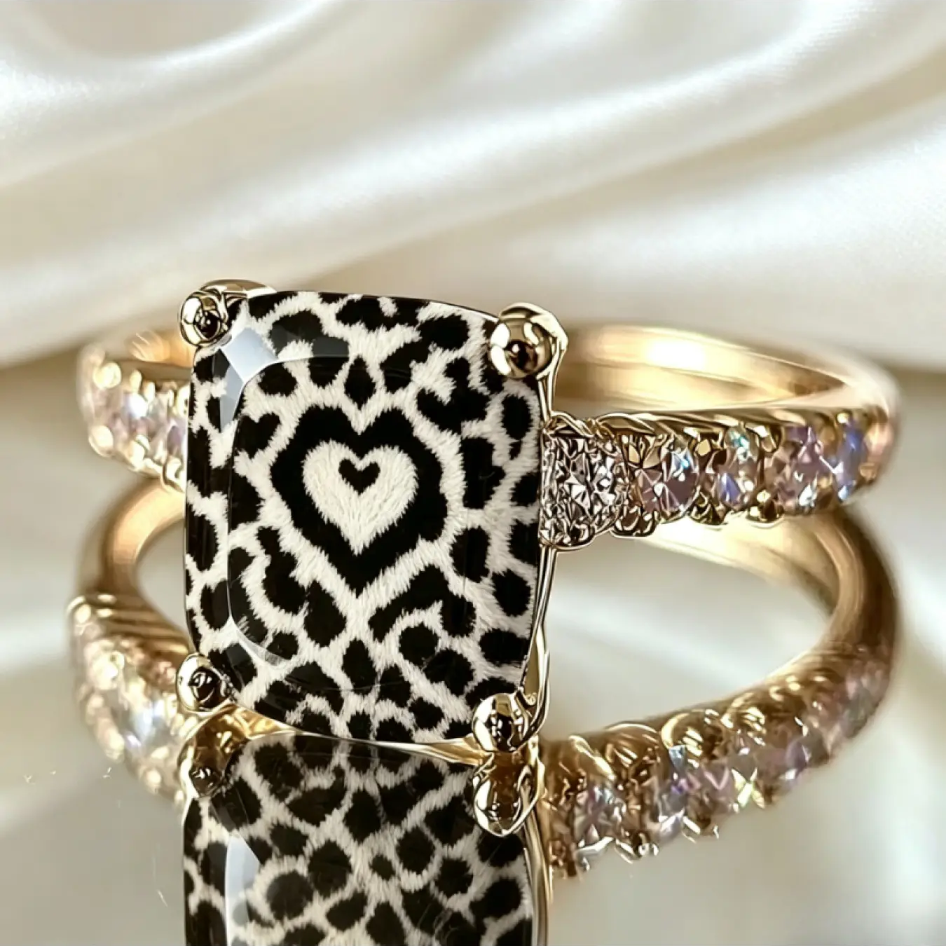 Black and White Heart Leopard Square Ring